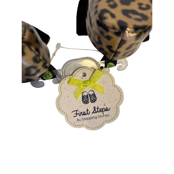 First Steps Gold Leopard Baby Girl Mary Jane Shoes Black Velvet Bows (0-3mo) - Picture 8 of 9